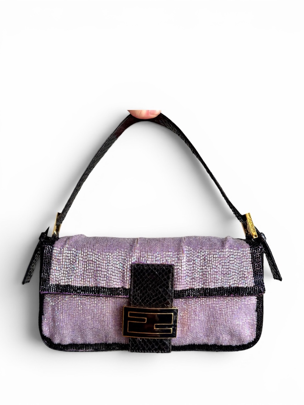 Vintage Fendi Iridescent Lilac Beaded Python Baguette - Picture 1 of 10